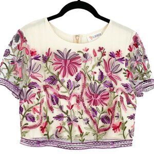 L'ATISTE Multi-Color Floral Embroidered Lined Short Sleeve Lace Trim Crop Top M